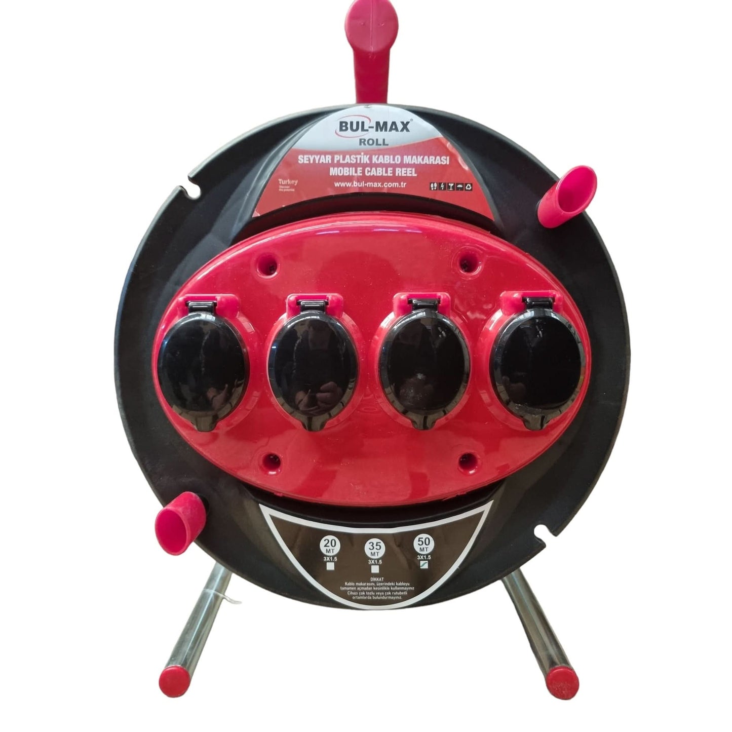 Prelungitor tambur Bulmax 20m, 3x2.5mm, 4 prize, 220V, maner ergonomic