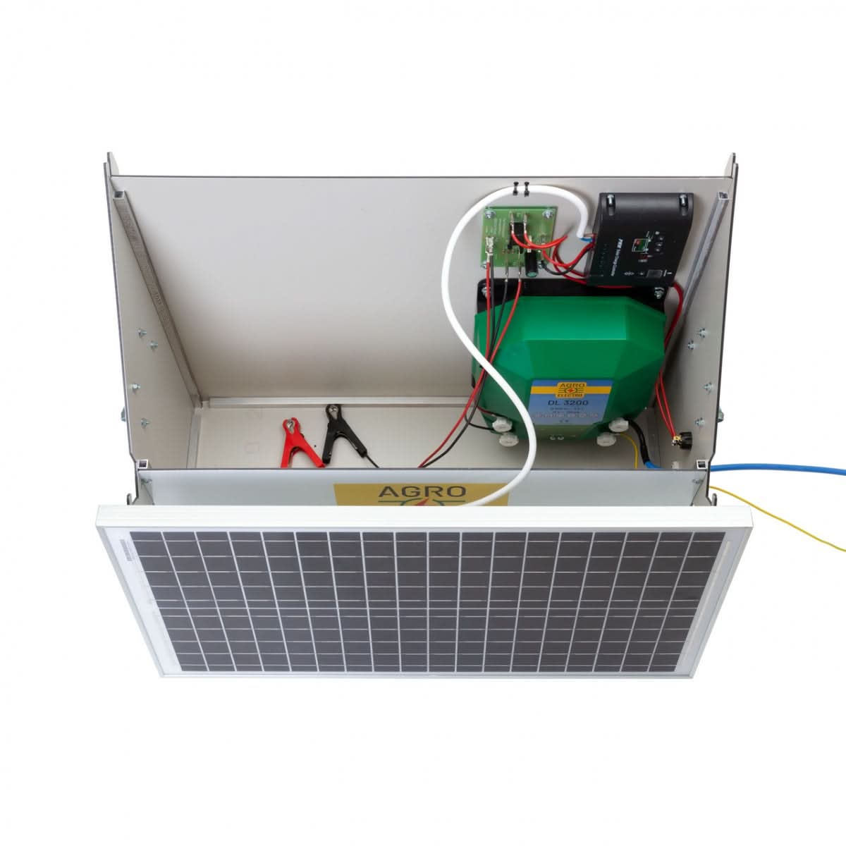 Sistem aparat gard electric (generator de impulsuri) DL 3200, cu panou solar 30 W, regulator de incarcare PWM 10 A, asamblat intr-o cutie dibond