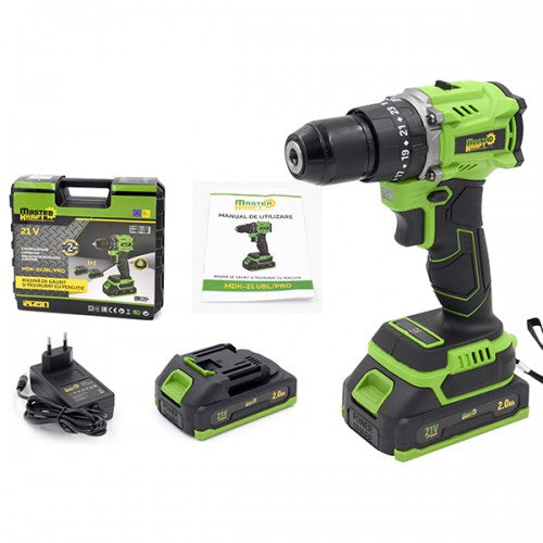 Masina de gaurit si insurubat cu acumulator Master Kraft MK-21BL, 21V, Brushless, cu percutie, 50Nm, kit complet