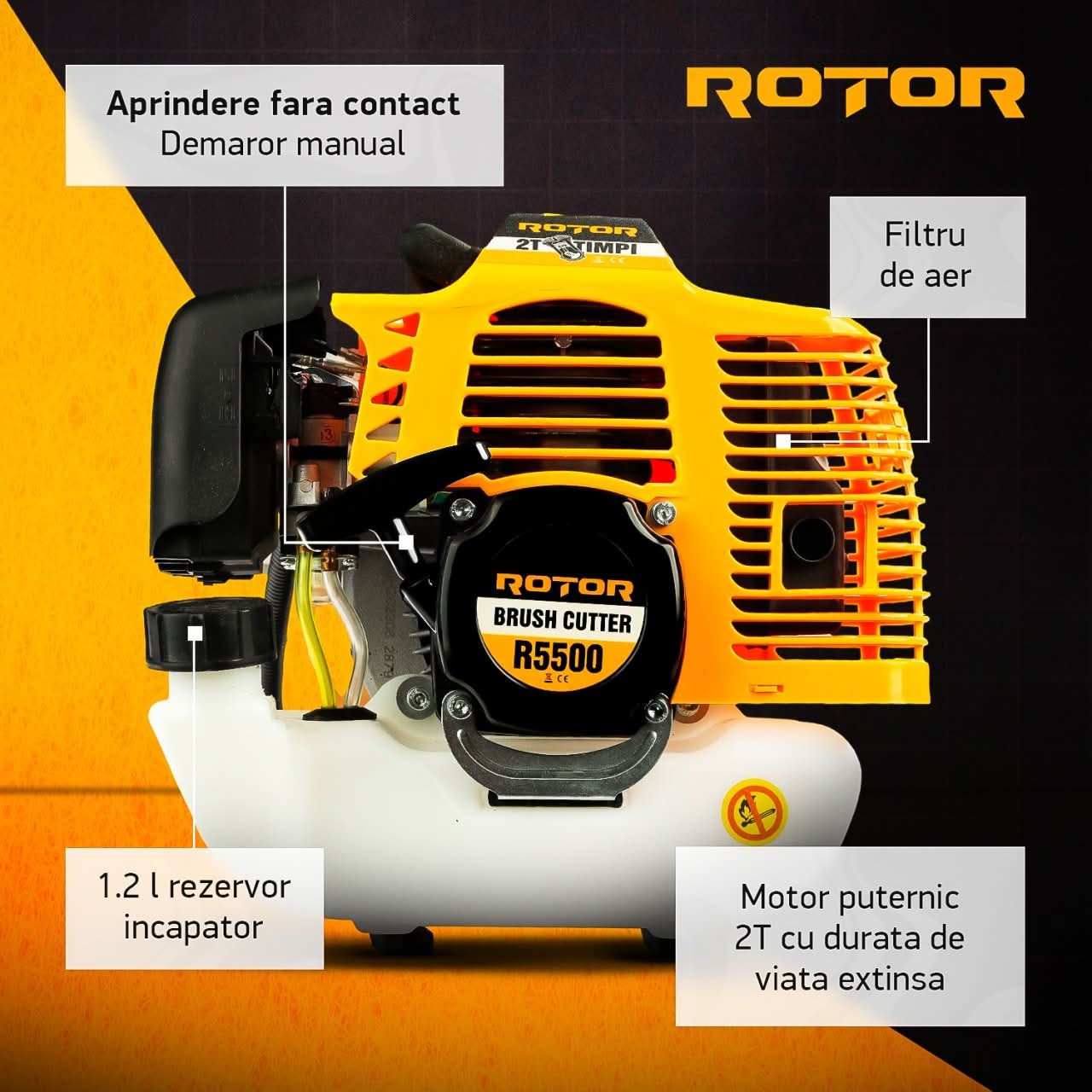 Motocoasa pe Benzina ROTOR R5500, 4.7 CP, 5500W, Motor 2T, Viteza Maxima 10000 RPM