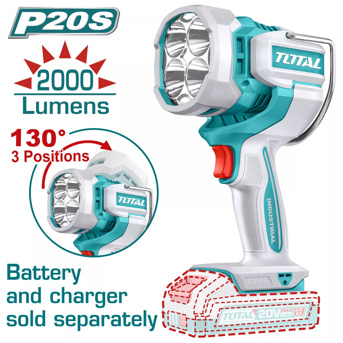 Lampa lucru Profesionala TOTAL 20V, 2000lm, LED 22.5W (fara acumulator si incarcator)