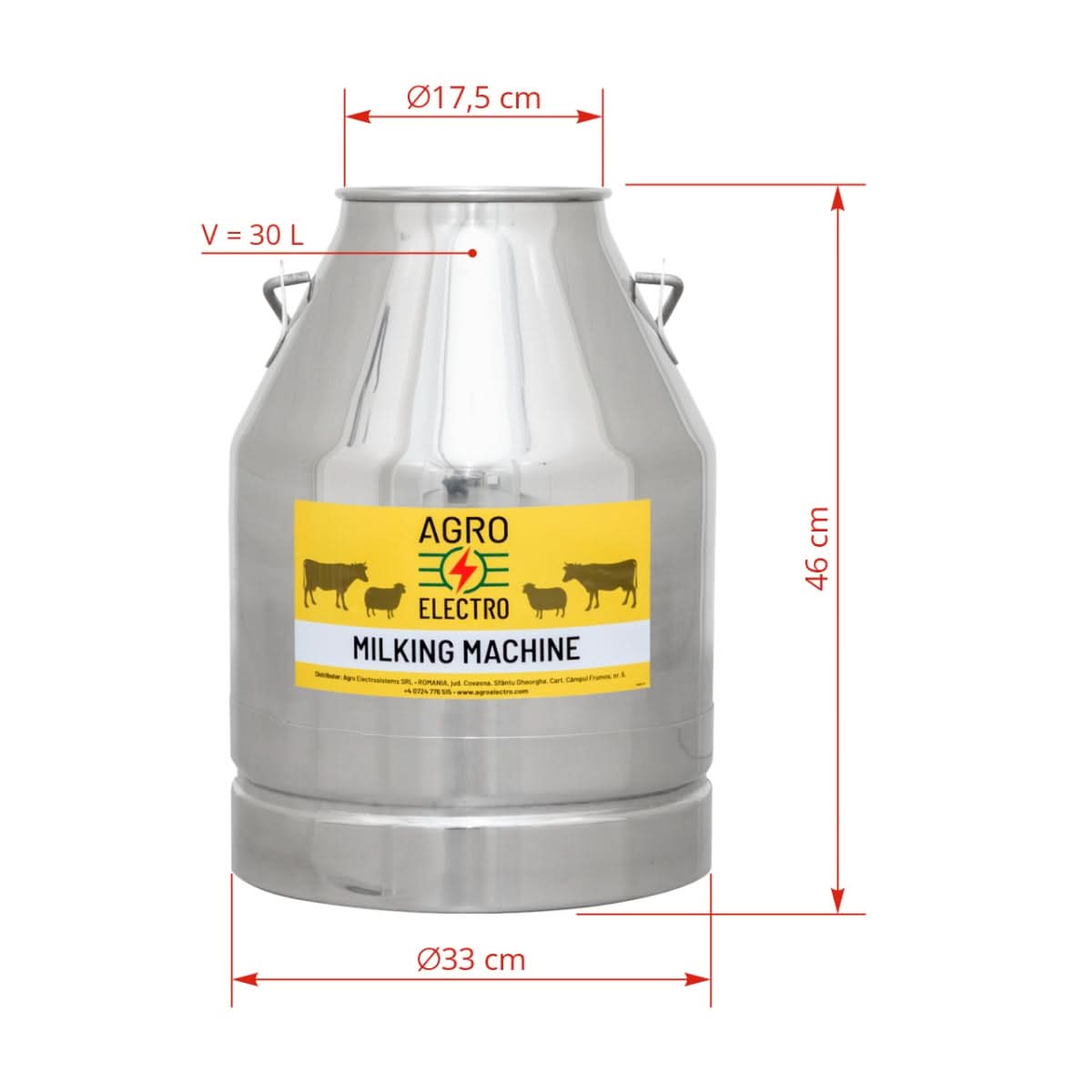 Bidon inox 30 litri pentru aparate de muls - mâner lung și scurt, fără capac