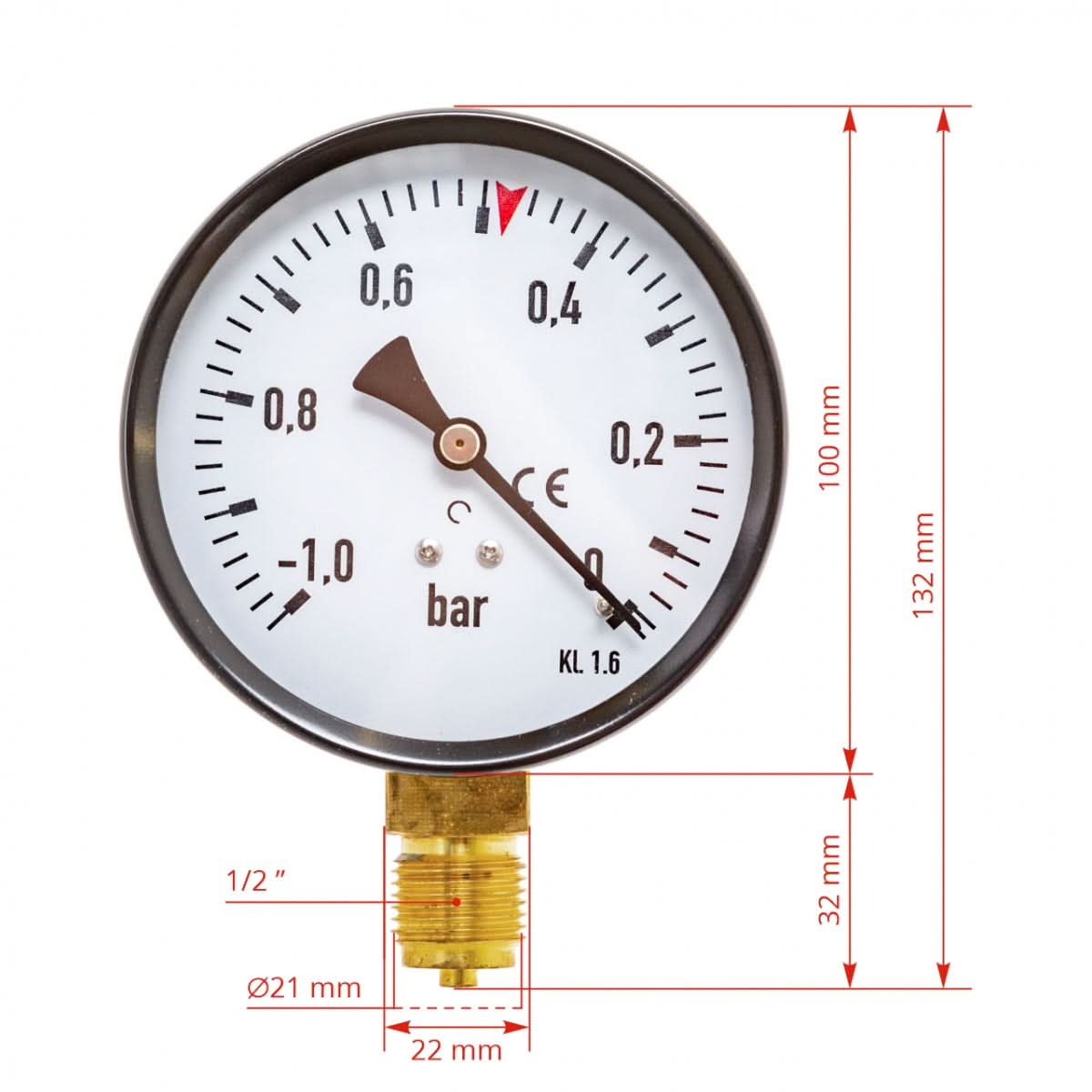 Vacuummetru 100 mm pentru aparate de muls, scala -1...0 bar, filet 1/2 toli