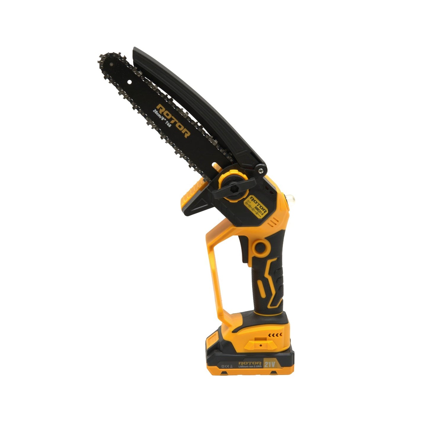 Fierastrau cu lant pe acumulator ROTOR RMC21-8, 21V / 2Ah, Brushless, lama 20 cm, ungere automata, set complet cu 2 acumulatori