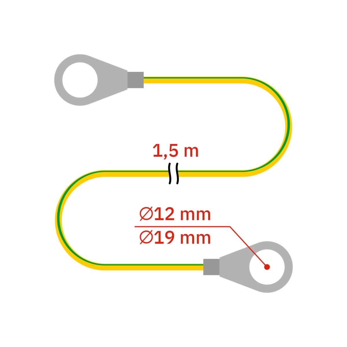Cablu legatura impamantari multiple cu bare metalice M12, 1,5 m, papuc inelar Ø12 mm