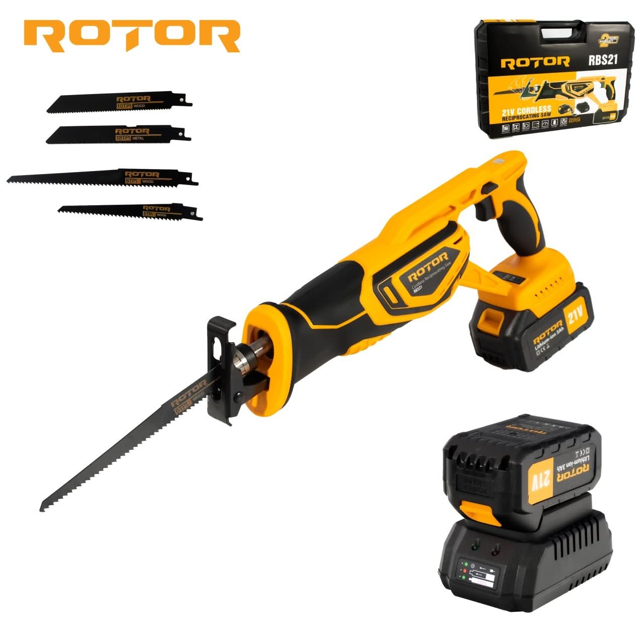 Fierastrau tip sabie cu acumulator ROTOR RBS21, 21V/3Ah, 750W, 2900 rpm, motor brushless, lame incluse