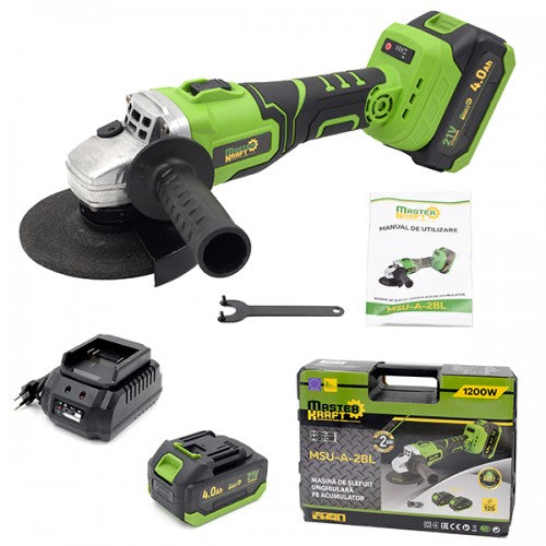Polizor unghiular cu acumulator 125 mm Master Kraft MSU-A-2BL Brushless, 21V, 2 acumulatori, valiza
