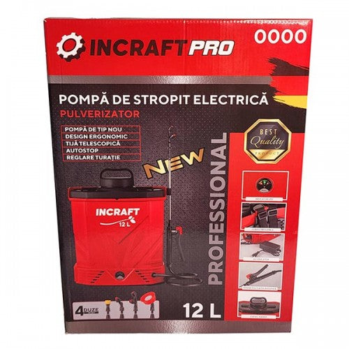 Pompa de stropit electrica INCRAFT 12L, cu acumulator 12V 12Ah, 4 duze, otel inoxidabil
