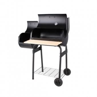 Gratar cu afumatoare pentru gradina, capac cu termometru, cos fum, suprafata gatit 60x30 cm, rafturi, roti, manere lemn