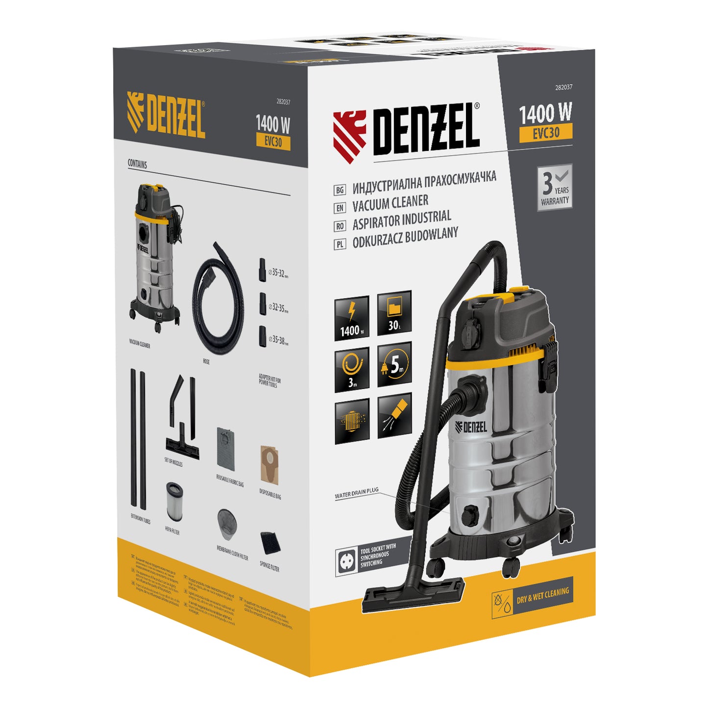 Aspirator Denzel EVC30, 1400 W, rezervor 30 L, furtun 3 m, priza cu sincronizare automata