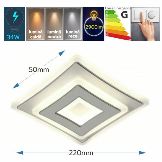 Plafoniera LED Sinope 34W, 2900lm, 220x220x50mm