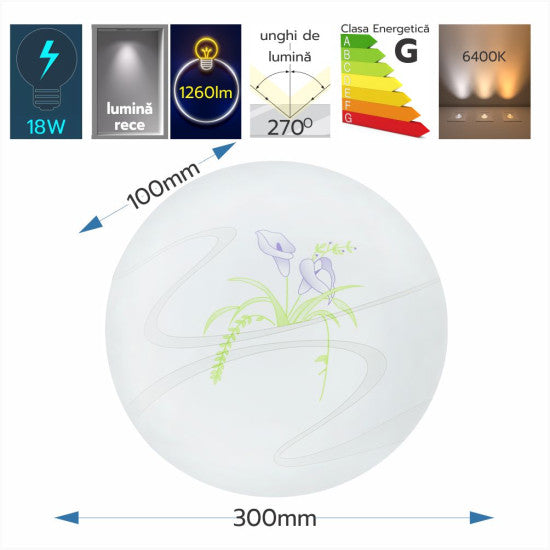 Plafoniera LED Flower, 18W, 300x100mm, 6500K