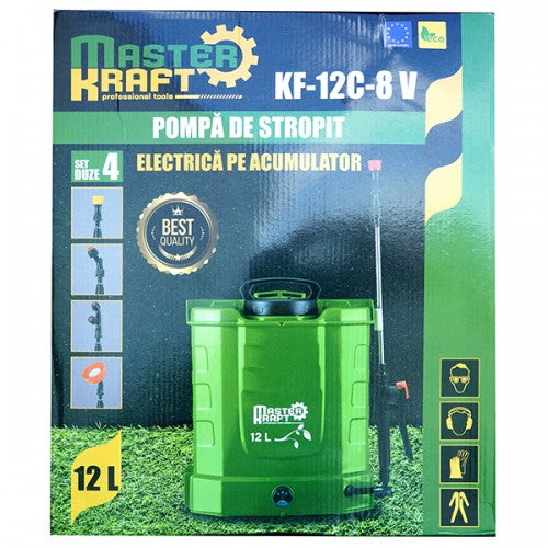 Pompa de stropit electrica Master Kraft KF-12C-8V, 12L, acumulator 12V 8Ah, 4+4 duze, lance 115 cm, verde