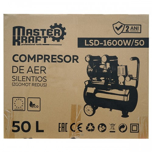 Compresor de aer 50L MasterKraft LSD-1600W/50, 1.2 kW, 2 cilindri, fara ulei, silentios