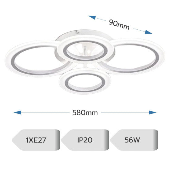 Lustra LED Cercuri 56W, 4 Brate, 580x90mm, 3 Culori, IR