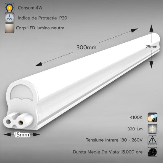 Corp LED T5 cu intrerupator, 4W, 4100K, 300 mm