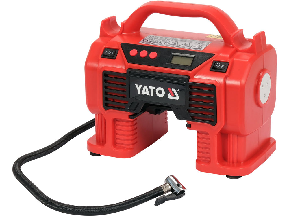 Compresor portabil Yato 18V, 11 Bar, 21 L/min, fara acumulator, alimentare 18V si 12V, cu lanterna LED si 5 duze universale