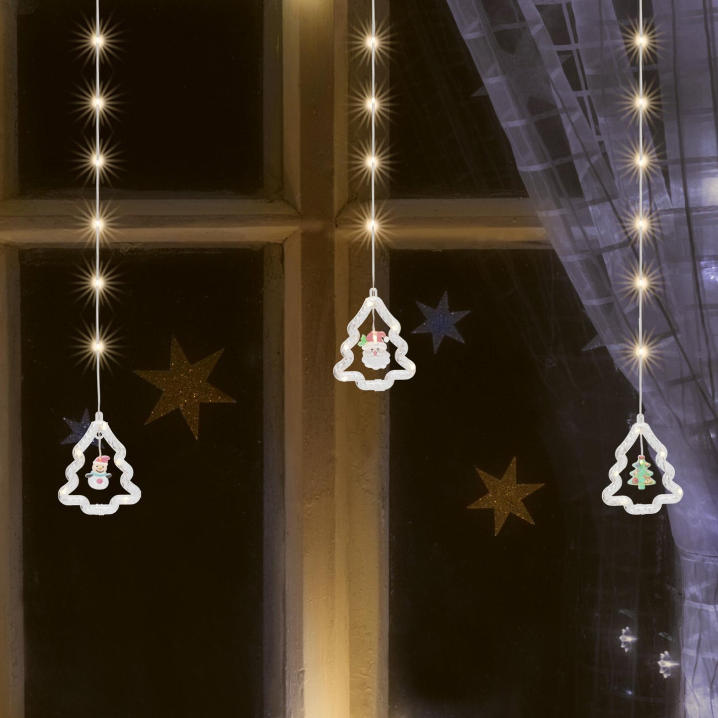 Perdea lumini brad LED interior/exterior, 110 micro LED alb cald, 10 ghirlande, figurine Craciun, cablu transparent, adaptor IP44