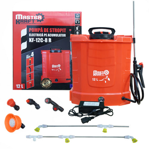 Pompa de stropit electrica Master Kraft KF-12C-8R, 12L, acumulator 12V 8Ah, 4+4 duze, lance 115 cm, rosu