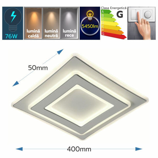 Plafoniera LED Sinope 76W, 5450lm, 400x400x50mm