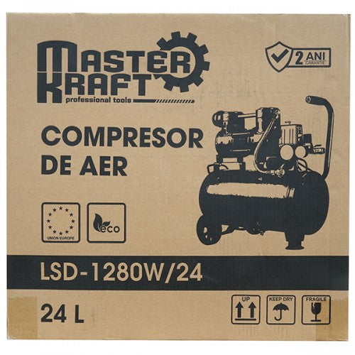 Compresor de aer 24L MasterKraft LSD-1280W/24, 0.7 kW, 2 cilindri, fara ulei, silentios