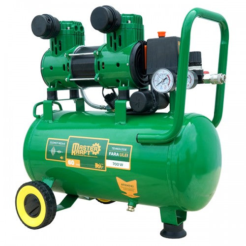 Compresor de aer 24L MasterKraft LSD-1280W/24, 0.7 kW, 2 cilindri, fara ulei, silentios