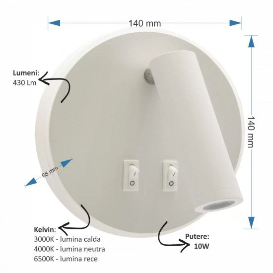 Aplica LED alba cu spot, 10W, 430 lm, 140x140x68 mm