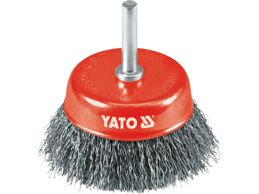 Perie cupa 75 mm, sârma ondulata din otel inoxidabil, cu ax