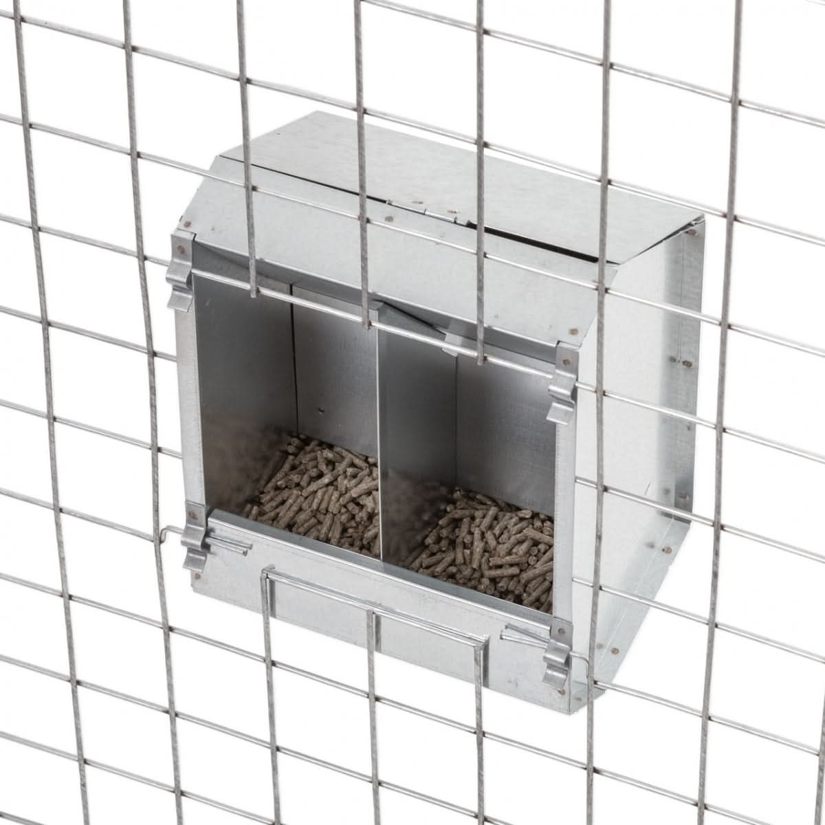 Hranitoare metalica pentru iepuri, 3 litri, cu 2 compartimente – tabla zincata, exterior cusca