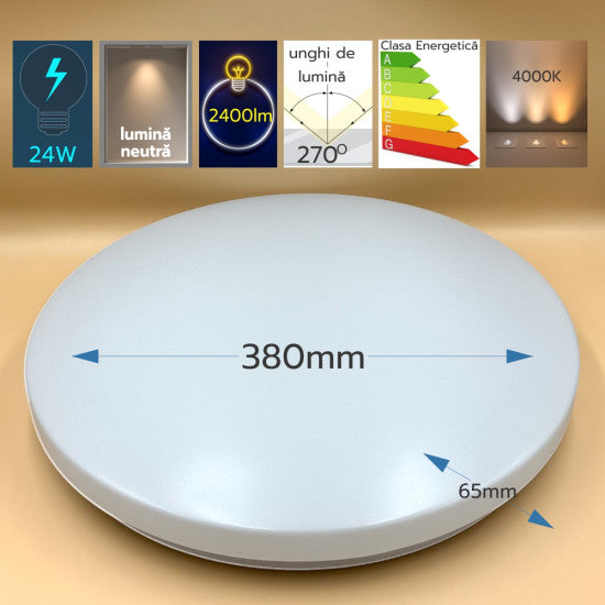 Plafoniera LED Slim Milky, 24W, Ø380x65mm, 4000K