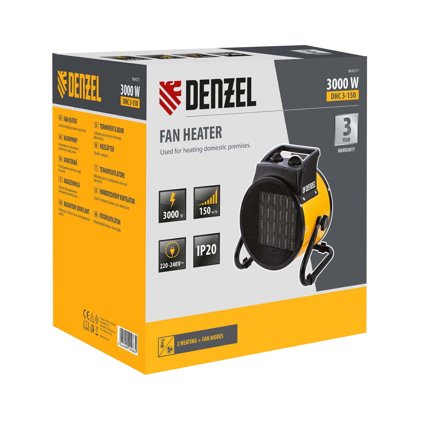 Tun de incalzire ceramic Denzel DHC 3-150, 230V, 0.025/1.5/3 kW, 150 m³/h, 40 m², termostat reglabil