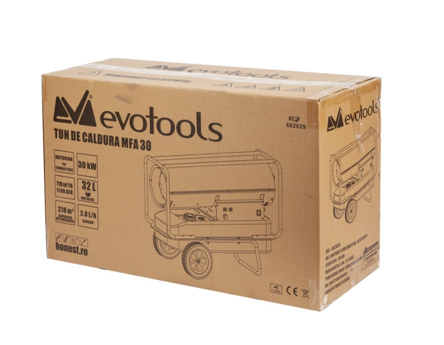 Tun de caldura pe motorina Evotools 682829 MFA 30 kW, 32 L , cu termostat si display digital, incalzitor profesional pentru santiere, ateliere si depozite