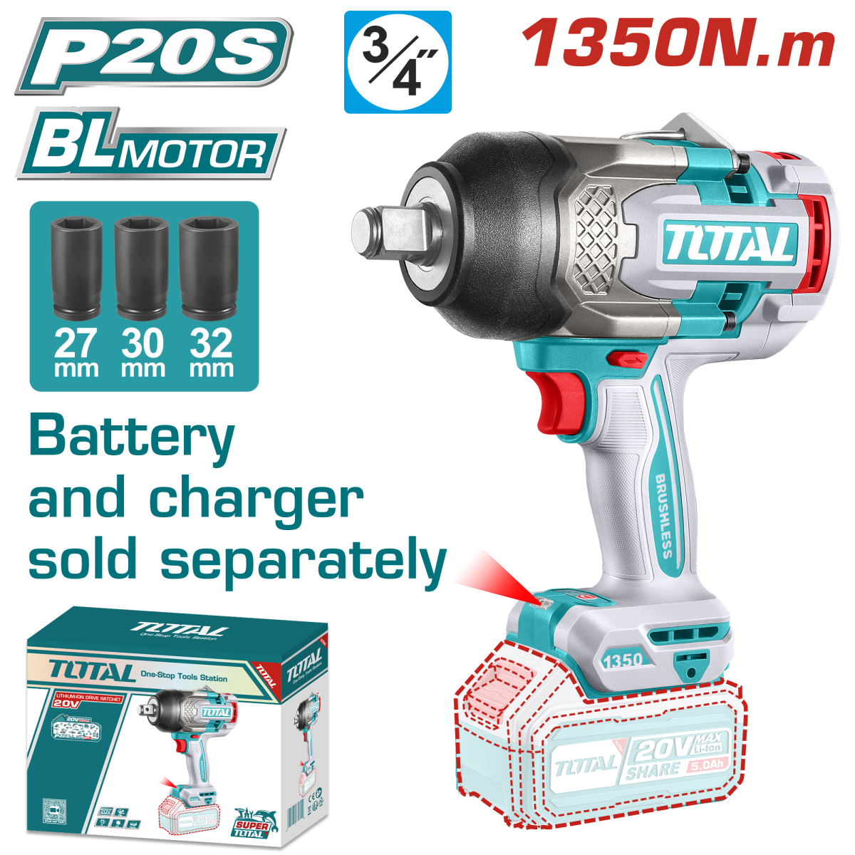 Masina de insurubat Profesionala TOTAL 20V 3/4" 1350Nm fara perii