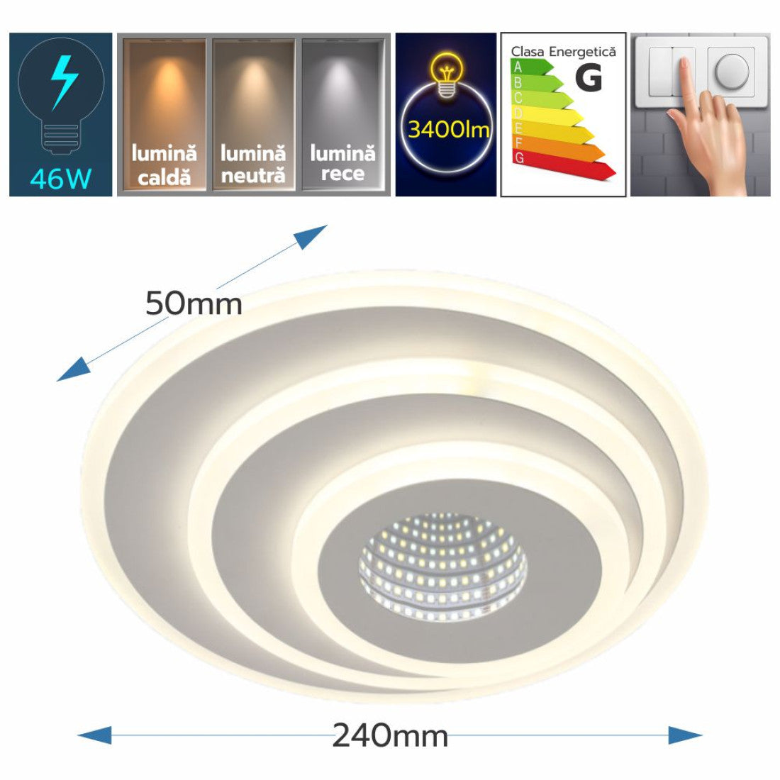Plafoniera LED Albiorix 46W, 3400lm, 240x240x50mm