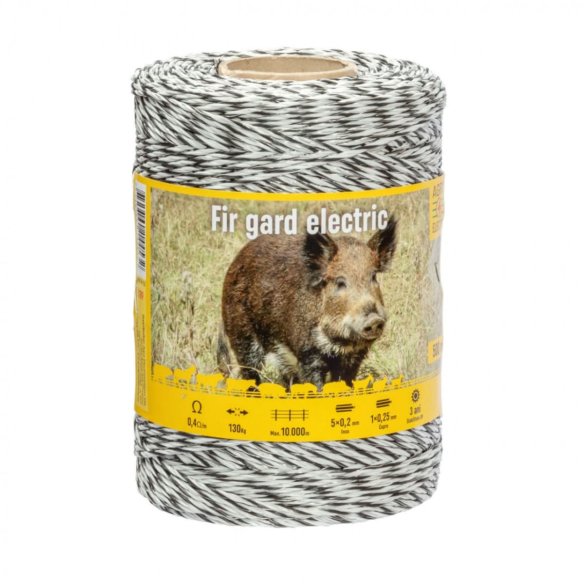 Fir gard electric 500 m, rezistență la rupere 130 kg, rezistență electrică 0,4 Ω/m