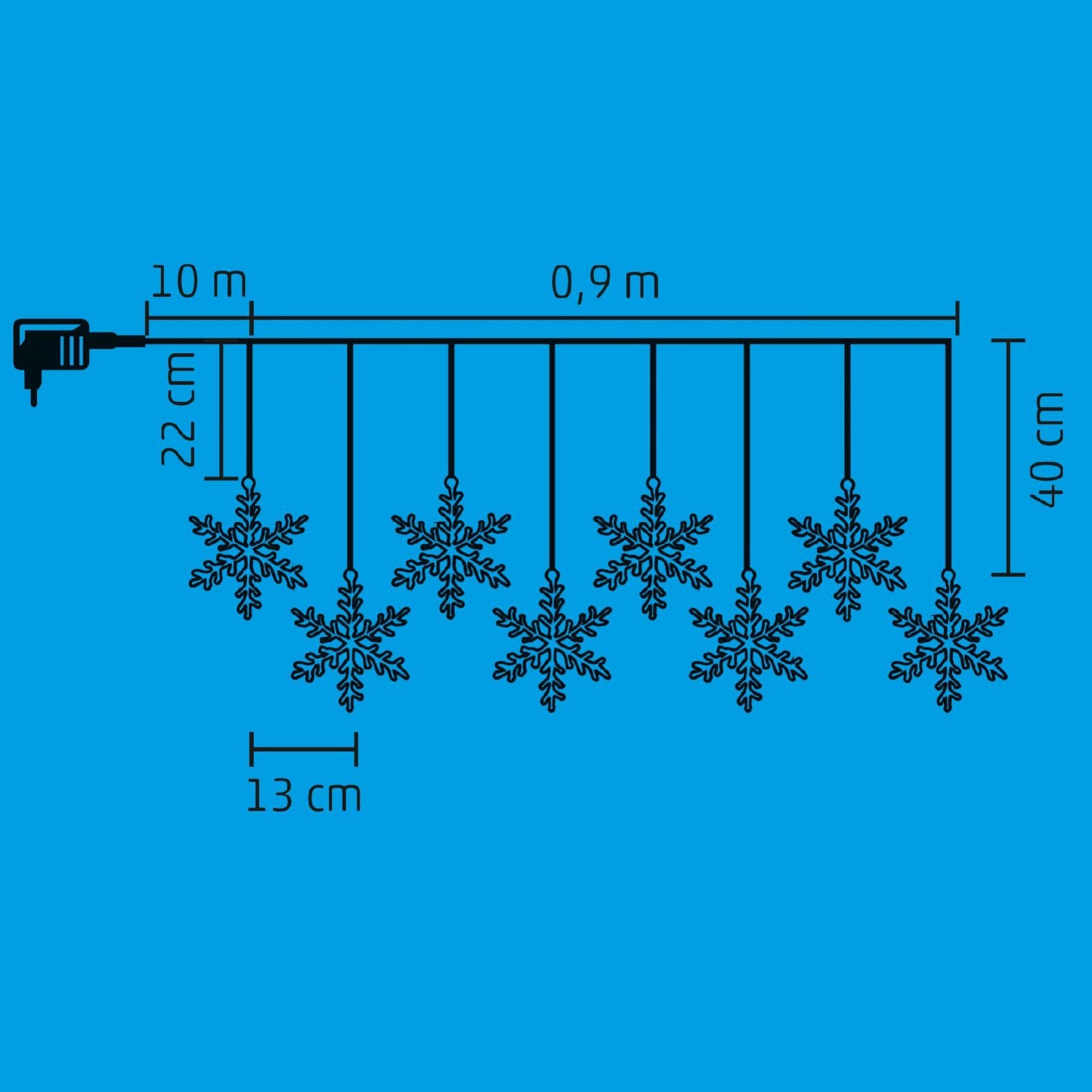 Ghirlanda LED fulgi de zapada, 8 LED alb cald, acril, cablu transparent, exterior IP44, 0.9 m