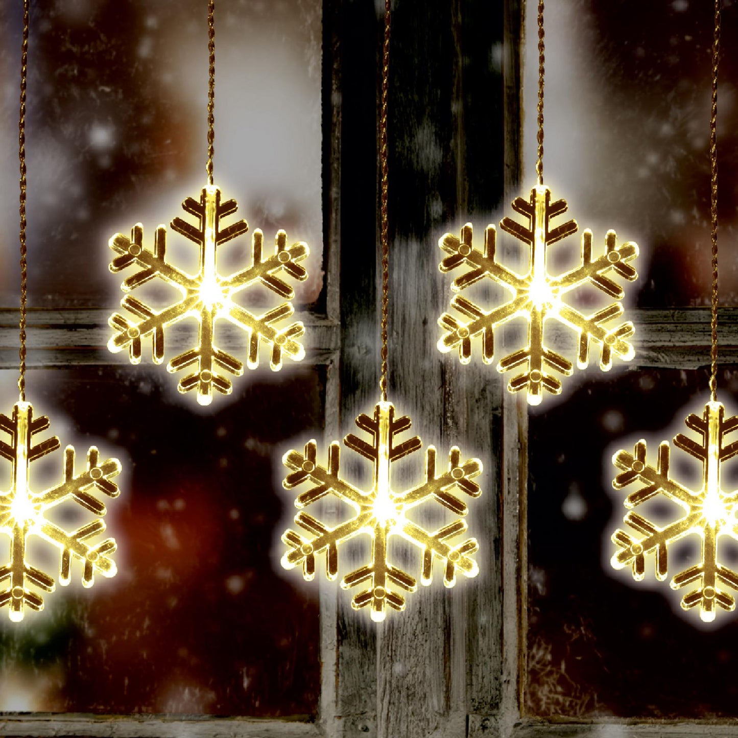 Ghirlanda LED fulgi de zapada, 8 LED alb cald, acril, cablu transparent, exterior IP44, 0.9 m