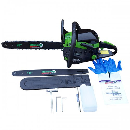 Motofierastrau MasterKraft MK3900-MP, 3.53 CP, 52 cm³, lame 18", 2 lanturi, echipare completa