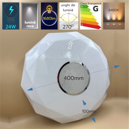 Plafoniera LED Diamant cu Inel Decorativ, 24W, Ø400x100mm, 6500K