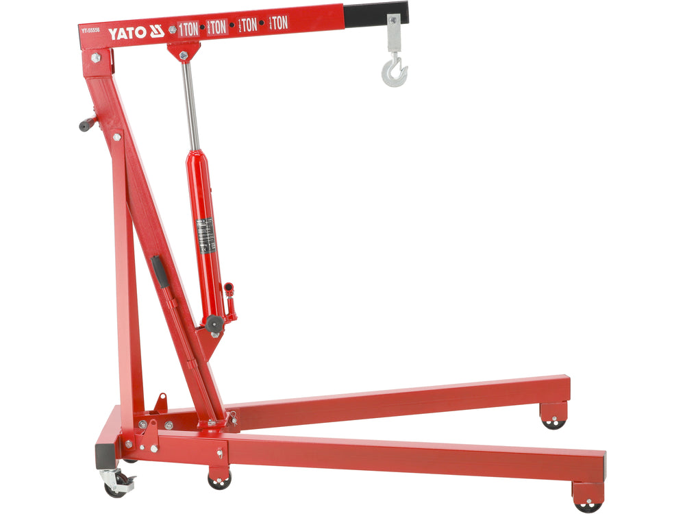 Macara atelier auto hidraulica Yato 1000kg, inaltime ridicare 210cm, pliere compacta, 6 roti metalice, maner manevrare usoara