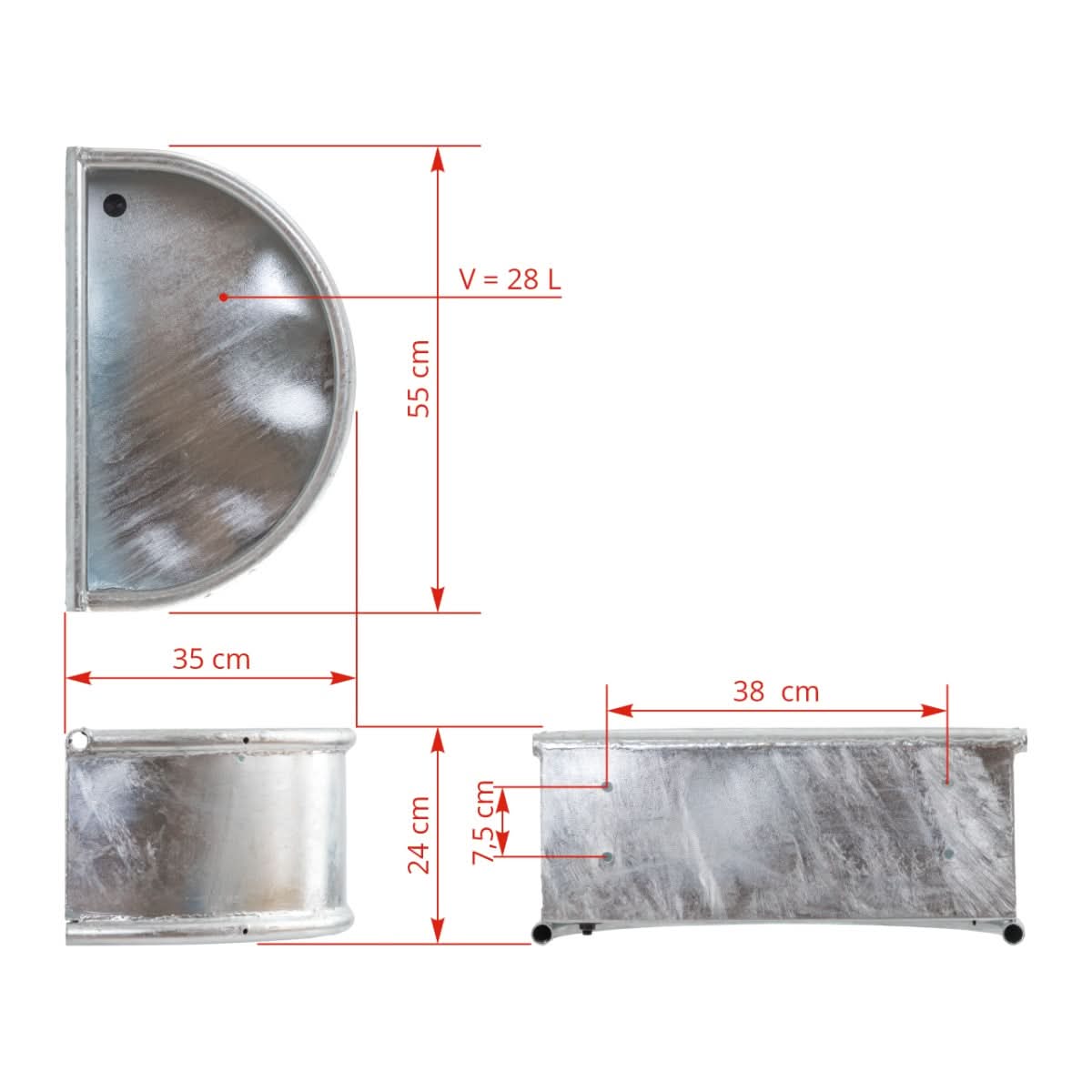 Hranitoare semirotunda otel zincat 28 litri pentru bovine si cabaline montare perete