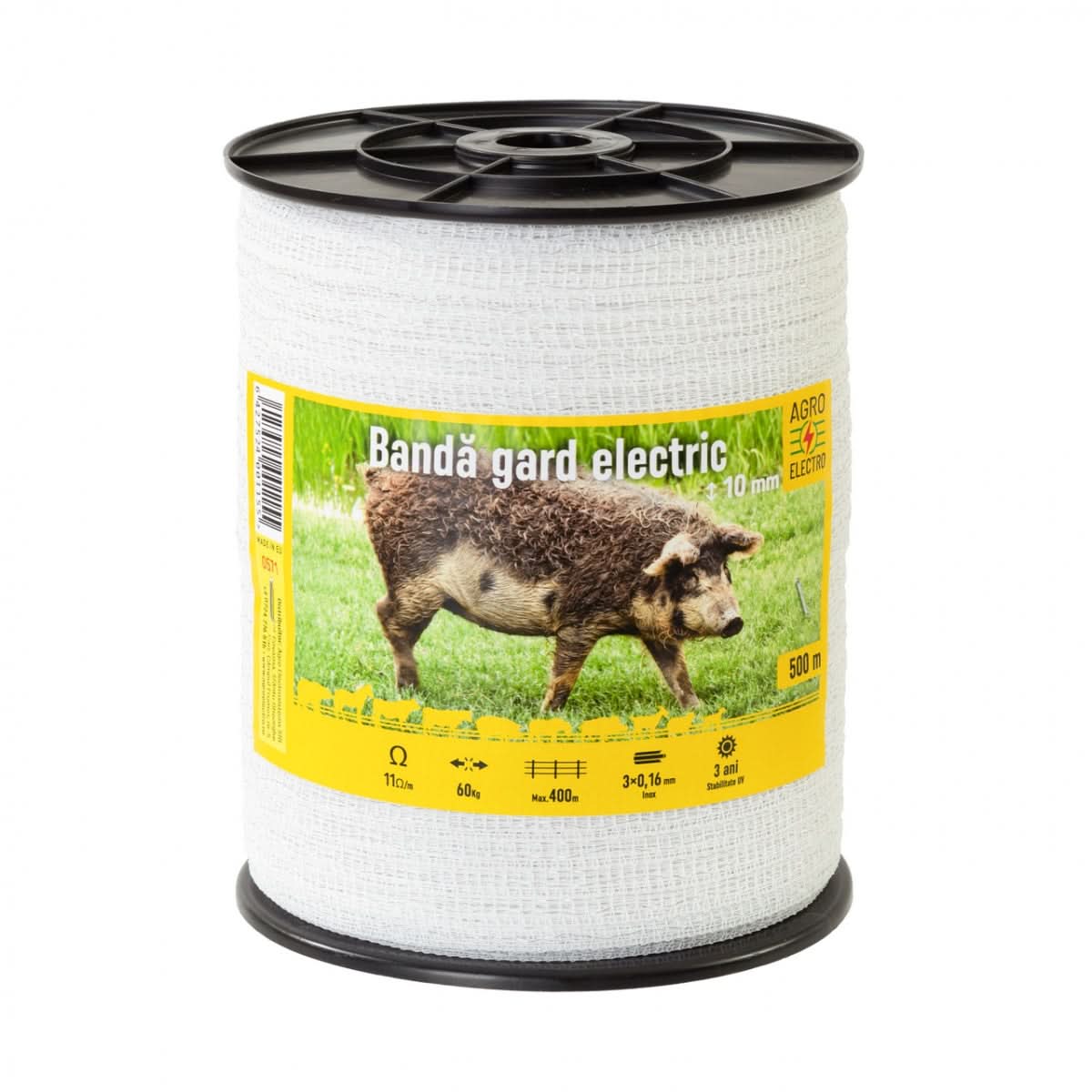 Bandă gard electric 10 mm, 500 m, rezistență la rupere 60 kg, rezistență electrică 11 Ω/m