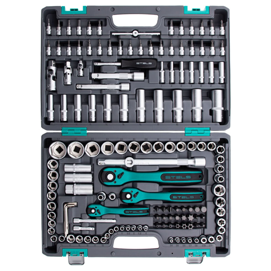 Set scule Stels 151 piese, Cr-V + S2, patrat 1/4", 3/8", 1/2", capete 10-32 mm  Trusa profesionala din plastic rezistent