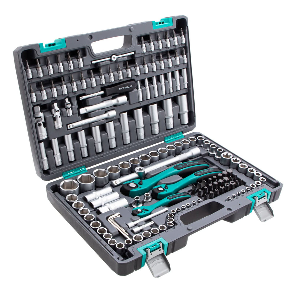 Set scule Stels 151 piese, Cr-V + S2, patrat 1/4", 3/8", 1/2", capete 10-32 mm  Trusa profesionala din plastic rezistent
