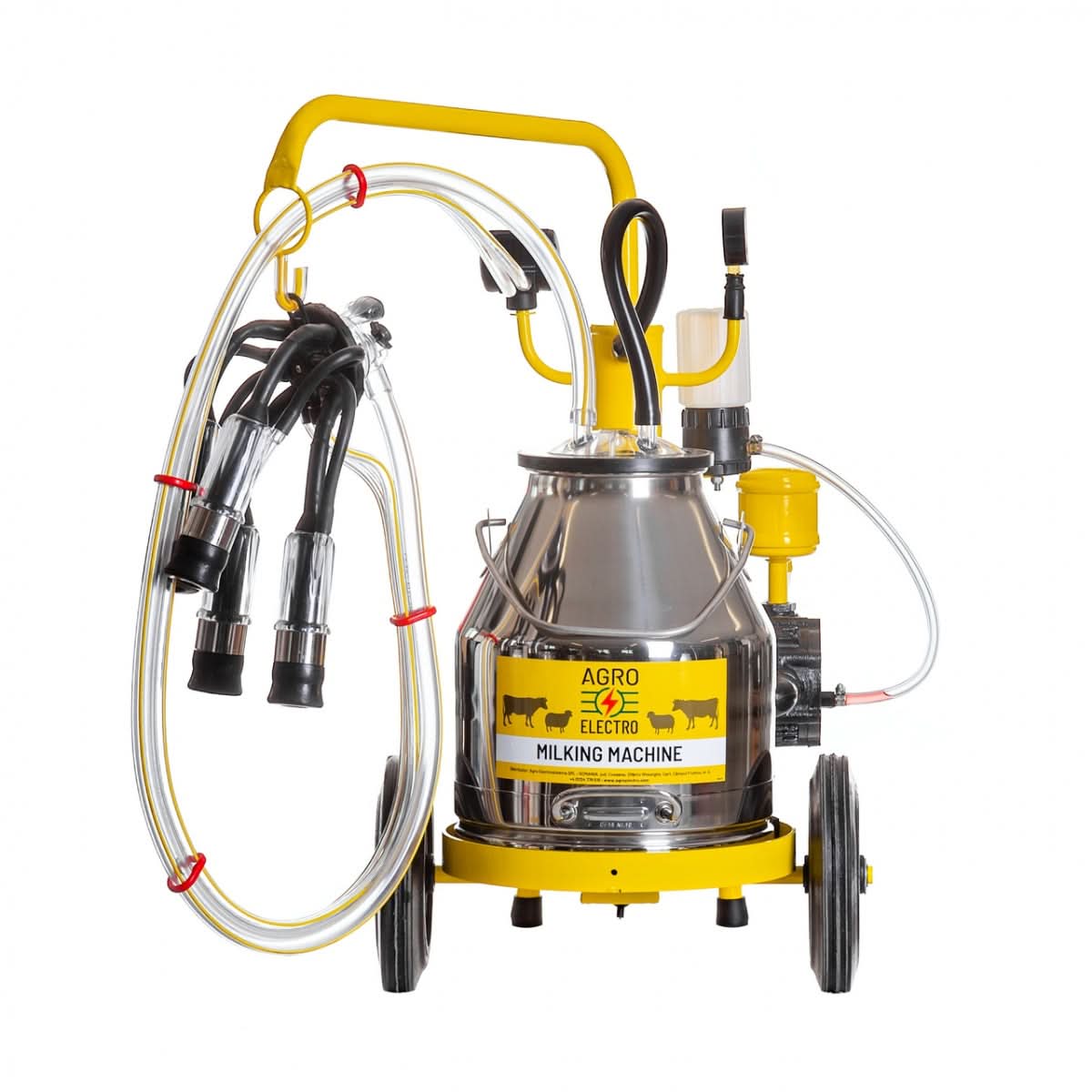 Aparat de muls vaci portabil cu bidon inox 25 litri, pulsator 60/40, pompă de vid 200 l/min