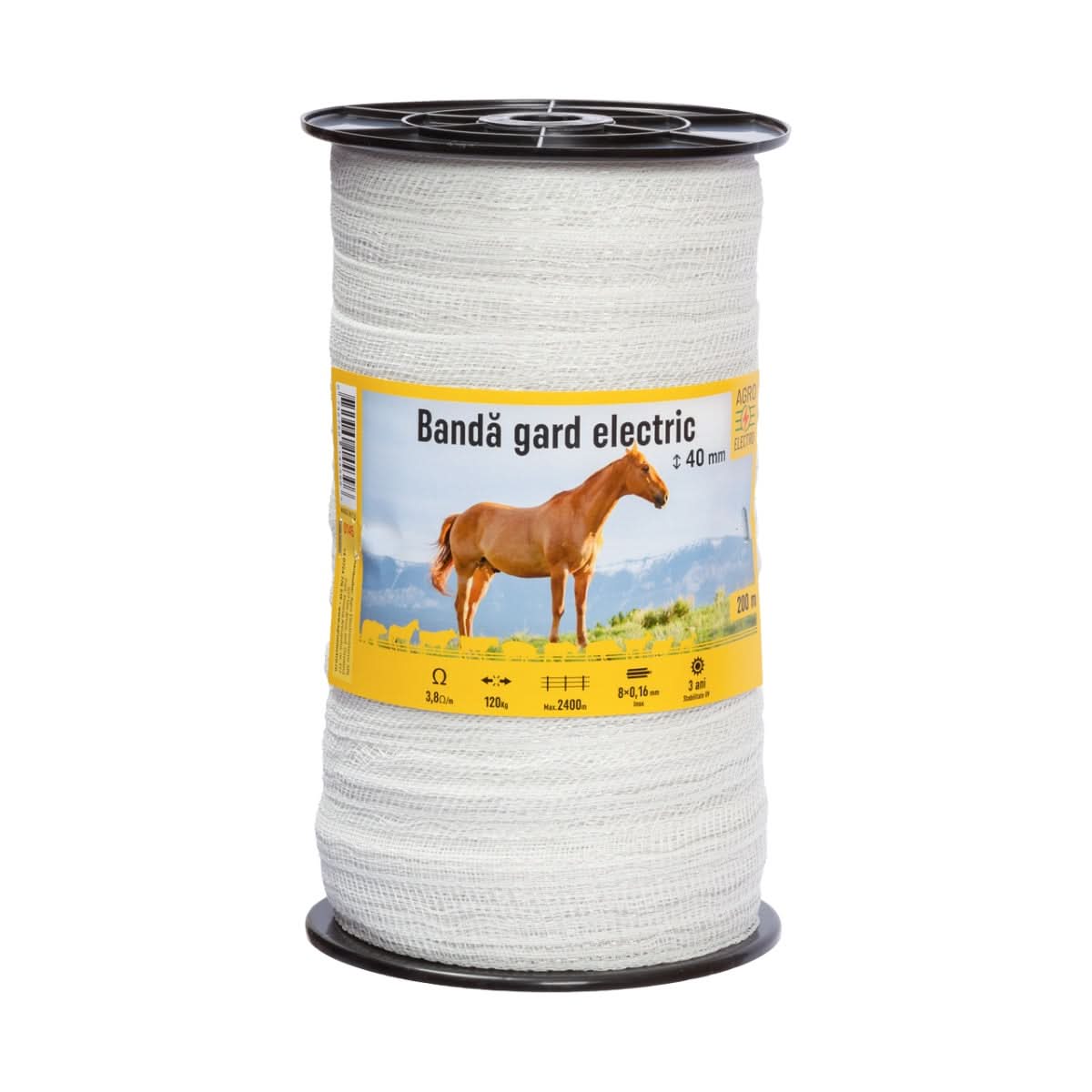 Banda gard electric 40 mm, 200 m, rezistenta la rupere 120 kg, rezistenta electrica 3,8 Ω/m