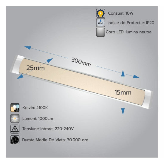 Corp LED Fida aluminiu, 10W, 4100K, 300 mm