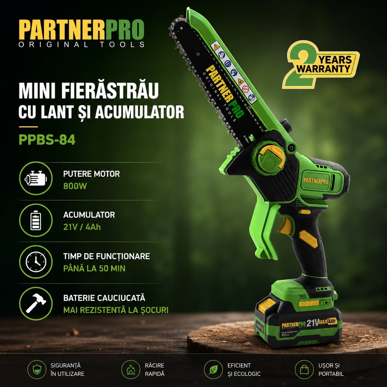 Mini Fierastrau cu Lant PROFESIONAL PARTNERPRO PPBS-84, 800W, 20 cm