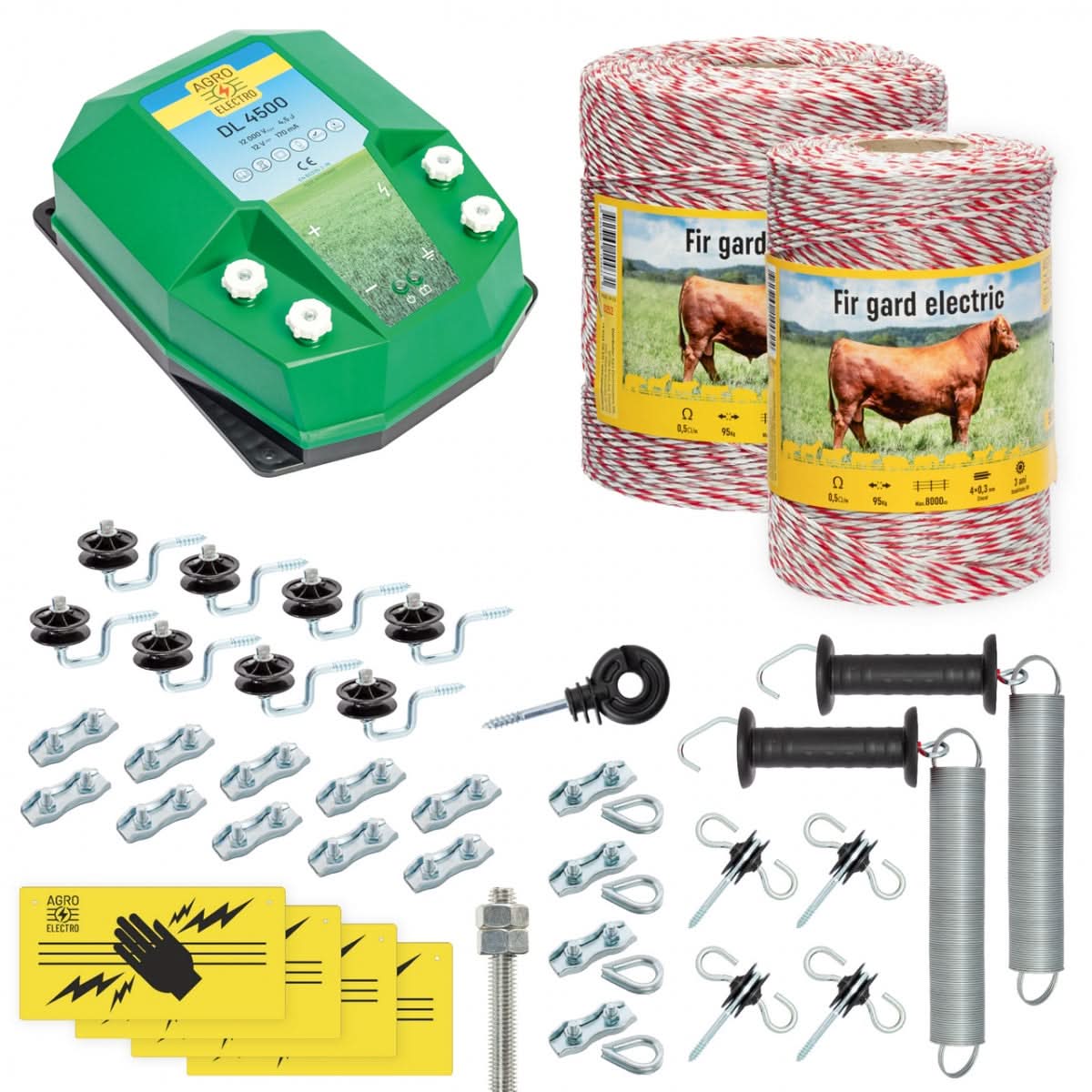 Pachet complet gard electric, ideal pentru imprejmuirea animalelor domestice. Asigura protectie eficienta pentru gospodarie sau ferma.