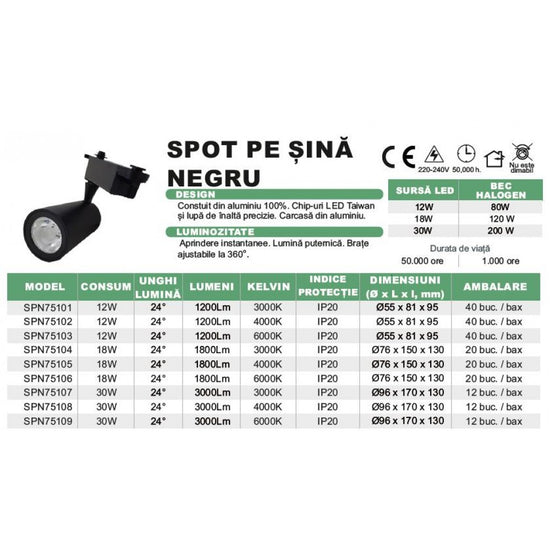 Spot Sina Negru, 18W, 1340 lm, Ø76x150x130 mm